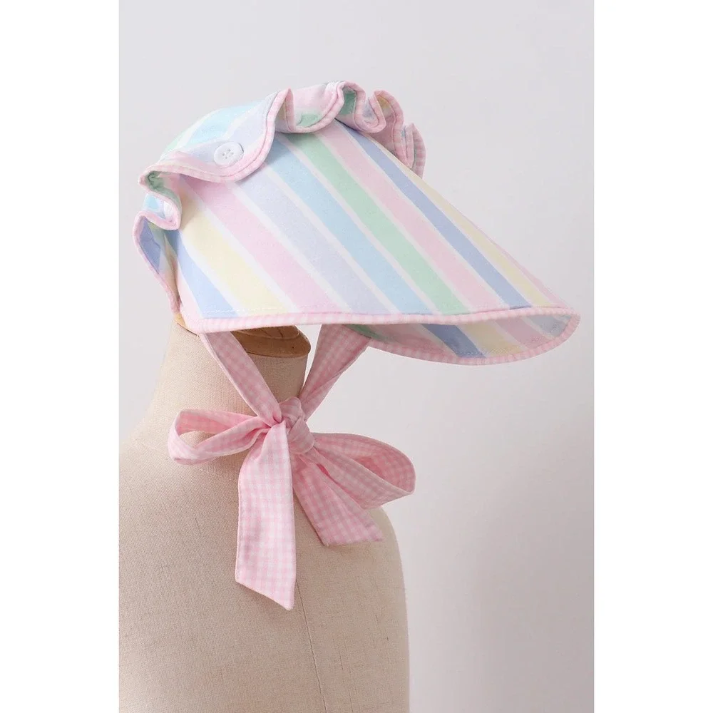 Pastel Rainbow Striped Sun Bonnet Pink Gingham Trim Wide Brim Tie Buttons NEW